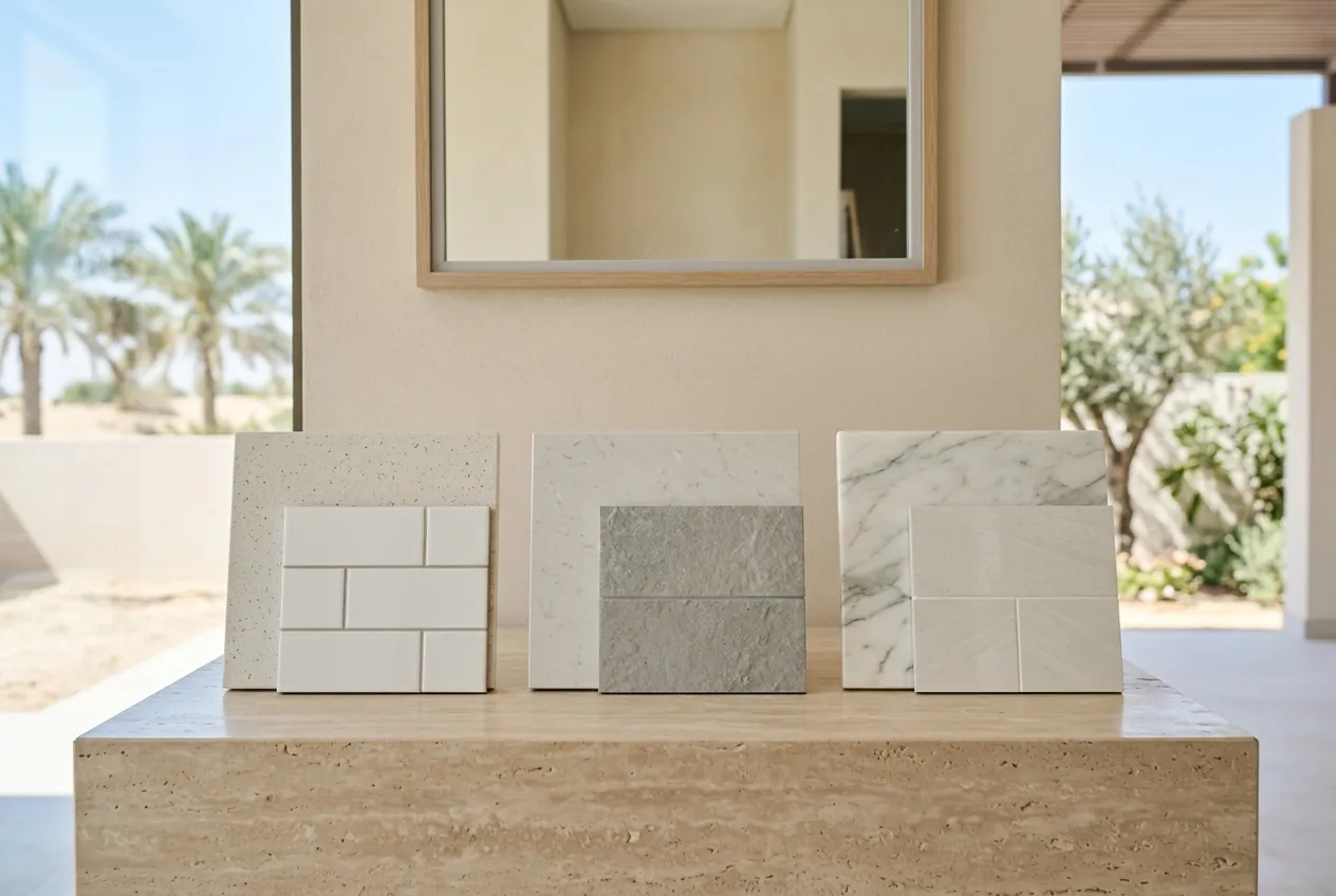 Three stone countertop and tile material samples arranged side by side on a travertine counter in a bright room