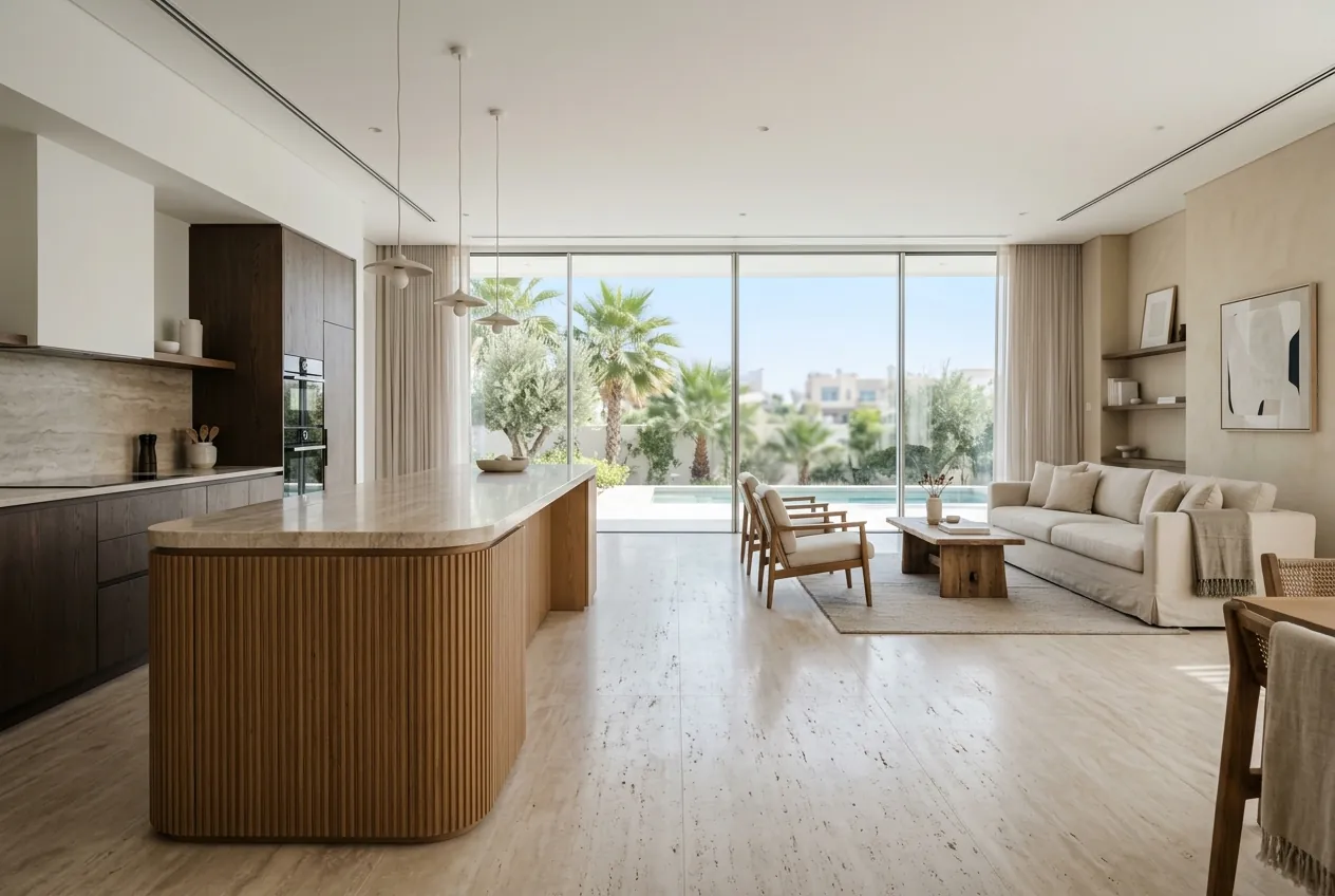 Modern open-plan kitchen and living room with travertine floors and large windows opening to a swimming pool