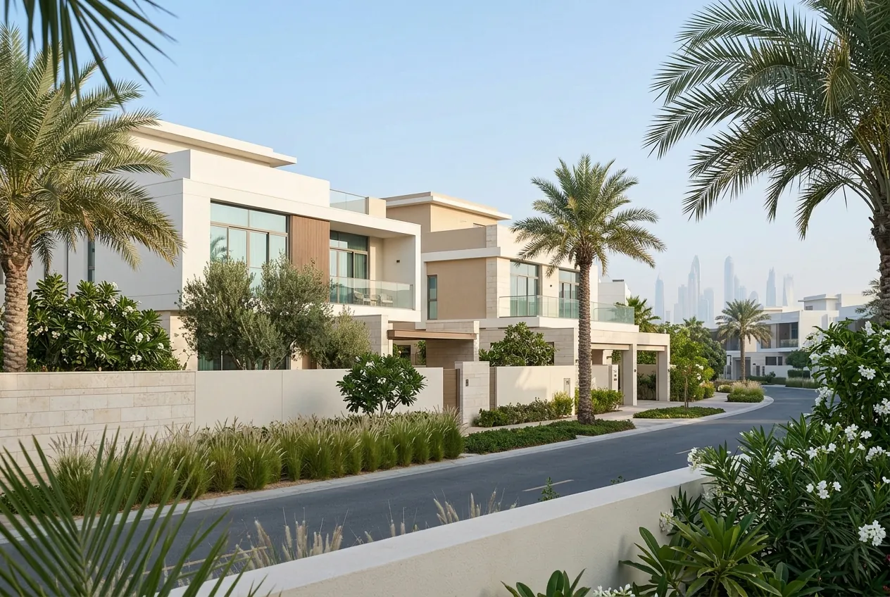 Modern white villas line a quiet paved street bordered by palm trees with distant skyline towers in the haze