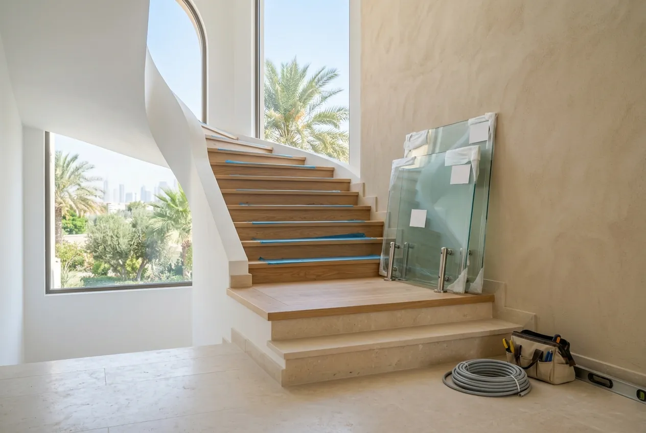 Staircase under renovation with newly fitted oak treads, glass railing panels leaning against the wall, and tools