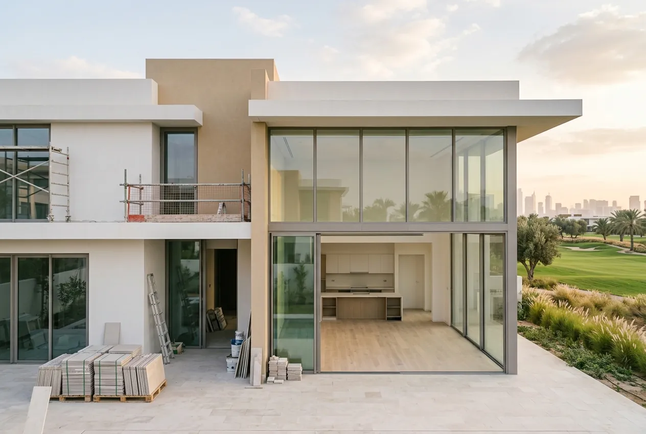 A modern two-story villa under renovation with large glass doors opening onto a golf course view