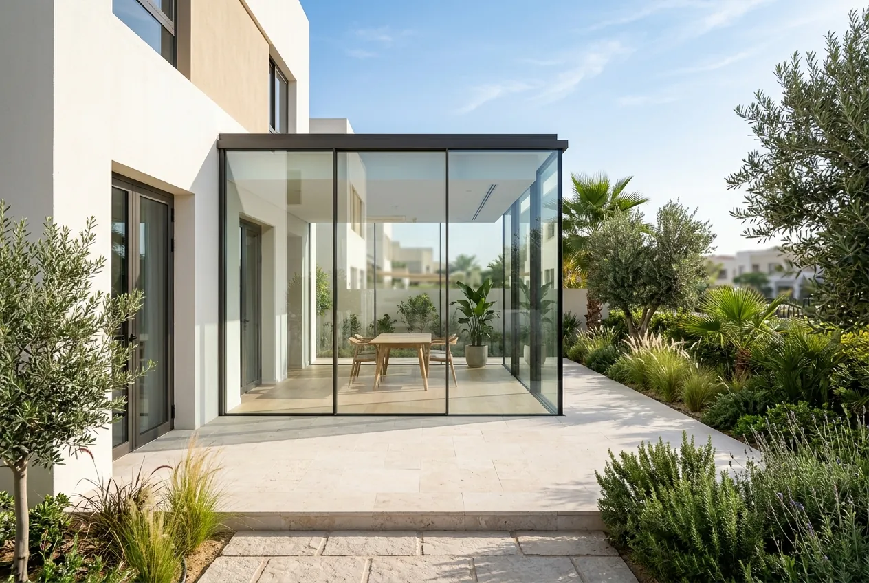 Modern glass garden room extension attached to a villa with a paved patio and manicured landscaping