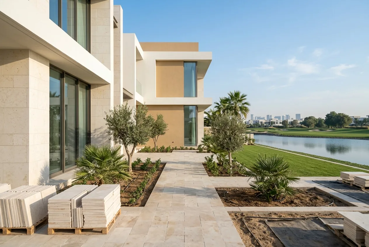 A contemporary luxury villa patio with stone tiles under construction beside a golf course lake