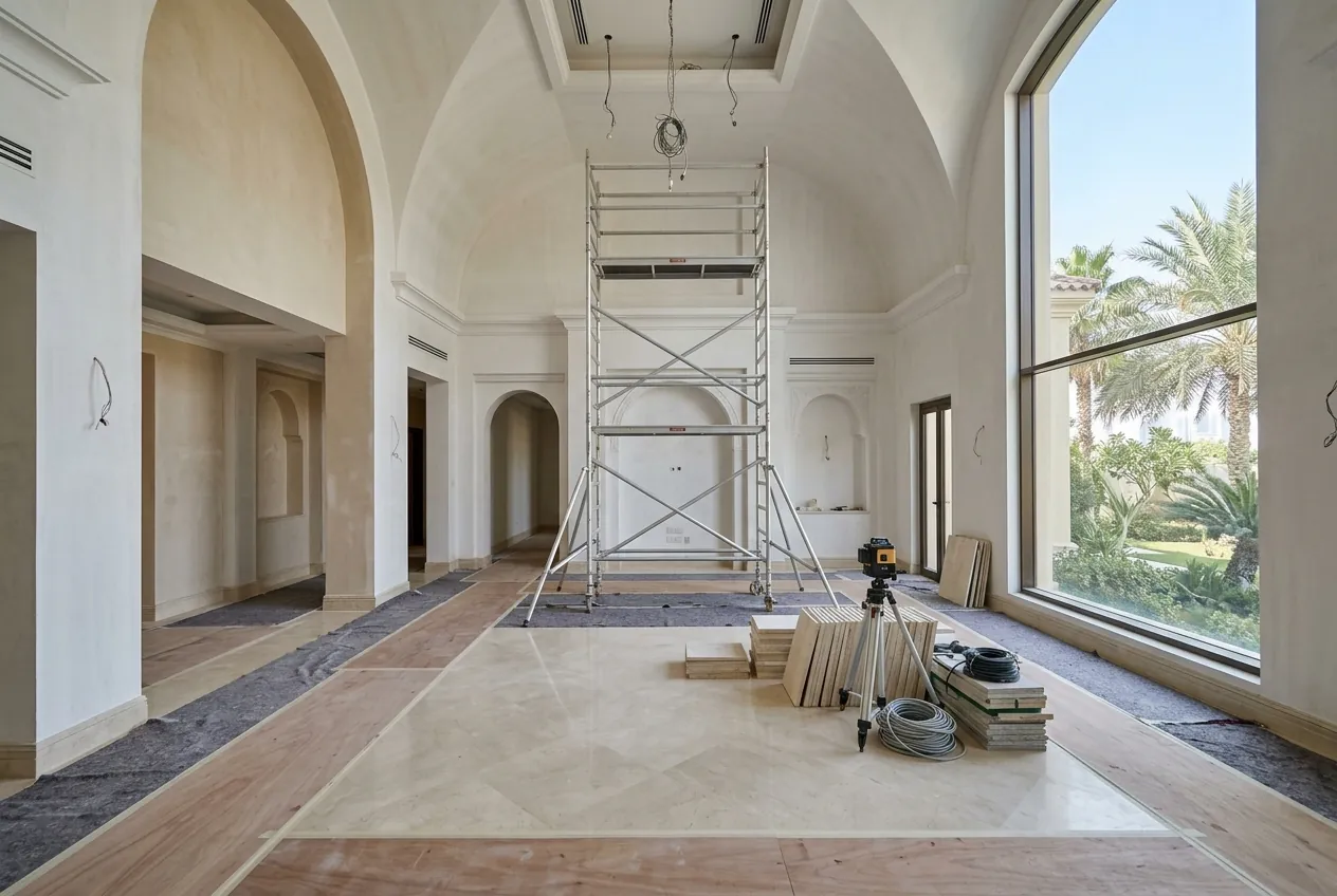 Grand double-height villa hall undergoing renovation with a central scaffold tower and protected marble floor