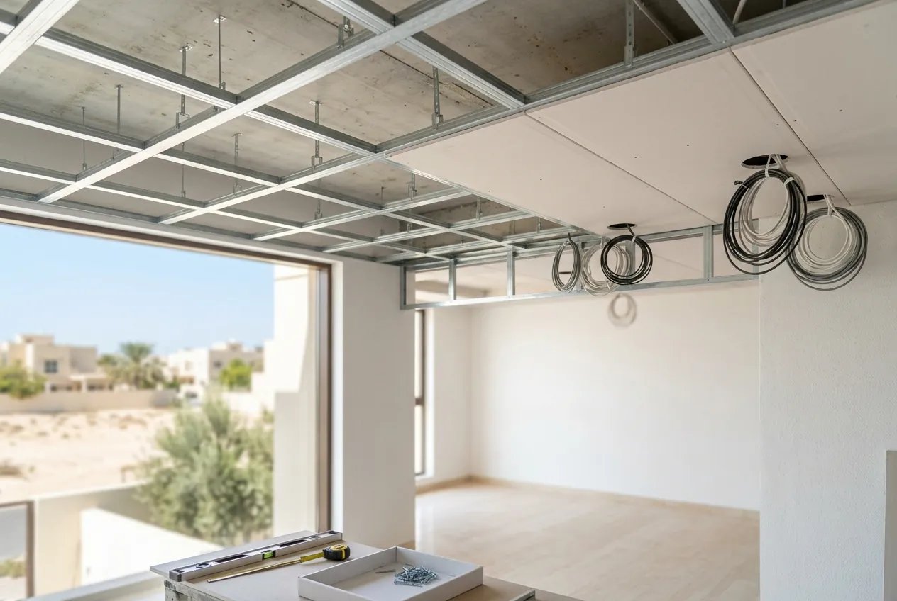 Metal framework and gypsum boards installed for a suspended ceiling with coiled electrical wiring in a bright room