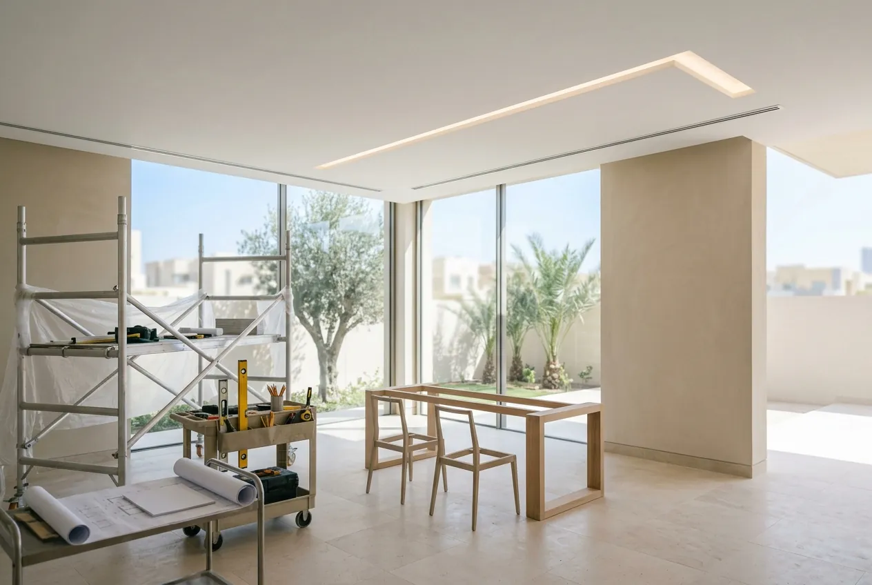A modern villa interior under renovation with a recessed linear ceiling light above a wooden table frame and chairs