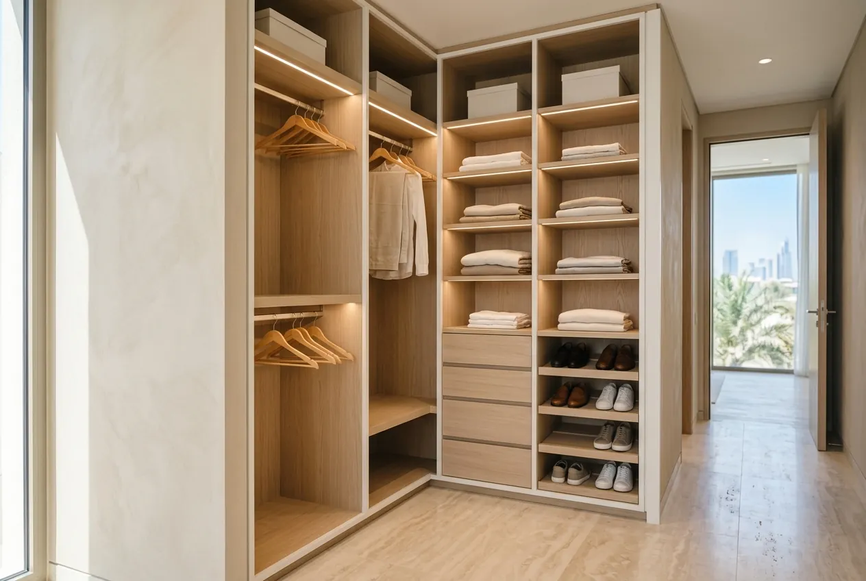A modern light-wood walk-in wardrobe with built-in LED lighting, organized clothing shelves, drawers, and shoe racks