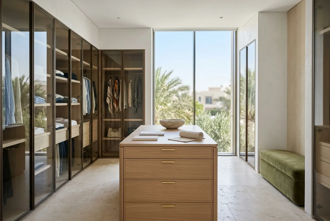 A modern walk-in dressing room featuring glass wardrobes, a central drawer island, and a window facing palms