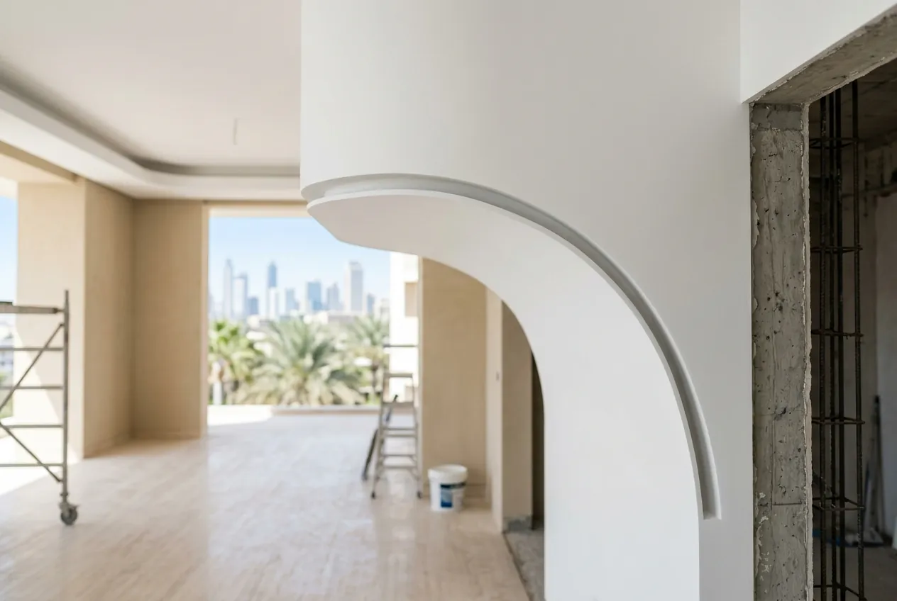 Curved white gypsum architectural detail with a clean shadow gap in an apartment undergoing renovation