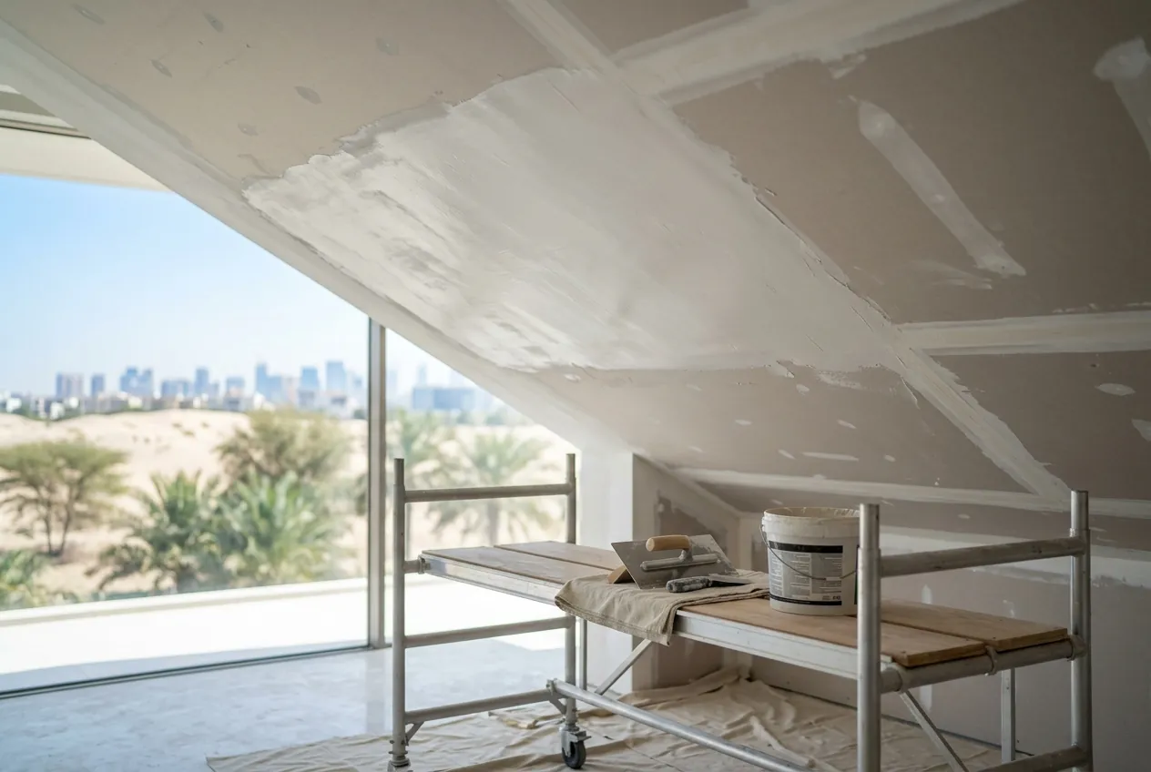 Plastering tools and a scaffold platform sit beneath an angled gypsum ceiling being skimmed with compound