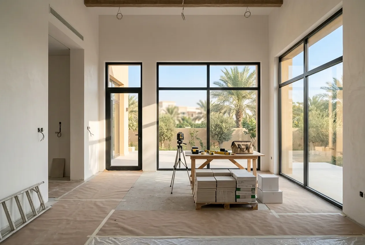 A sunlit villa room undergoing renovation with plastered walls, protected floors, tools, and garden-facing windows