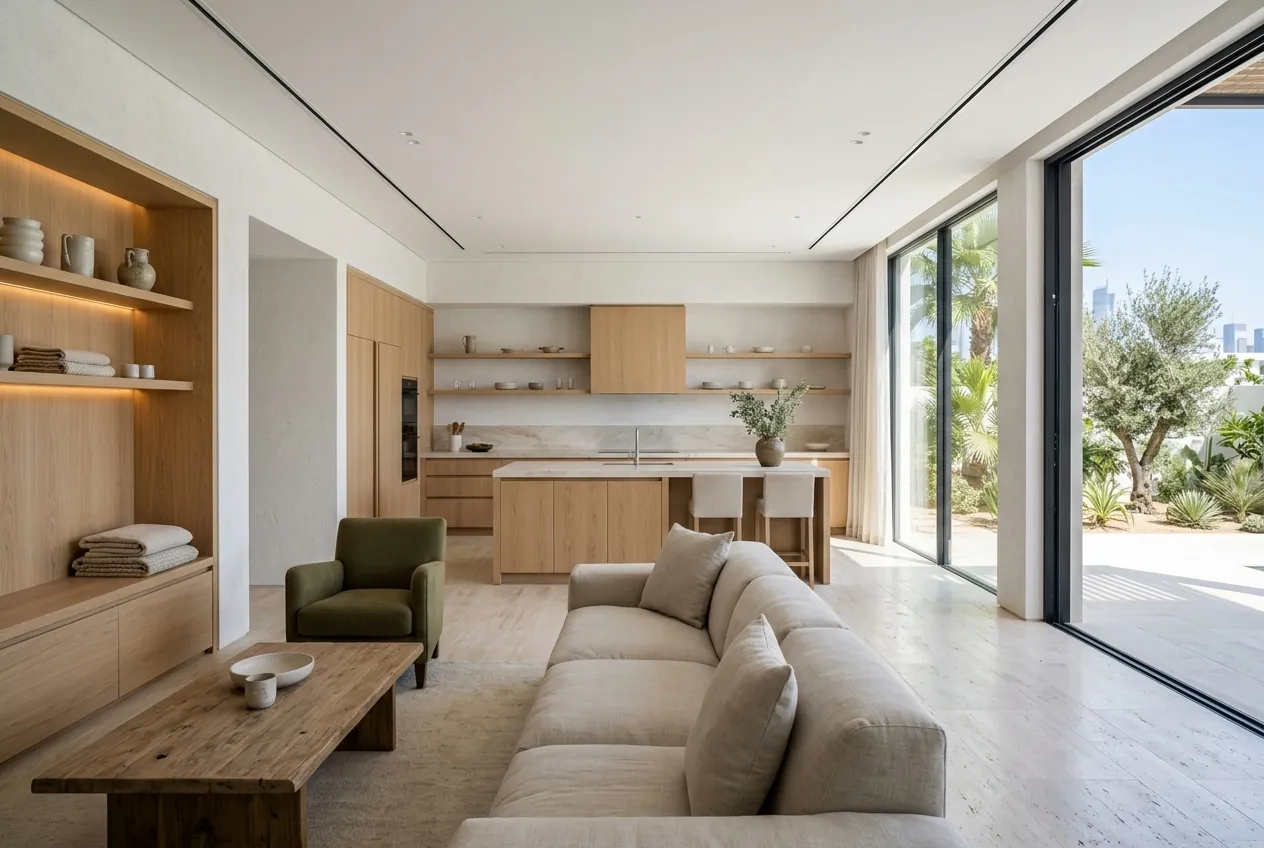 Modern open-plan living and kitchen area with light wood cabinetry, neutral sofa, and garden views through glass doors