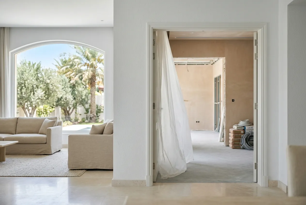 Finished living room with an open doorway revealing a room under renovation with hanging plastic sheeting