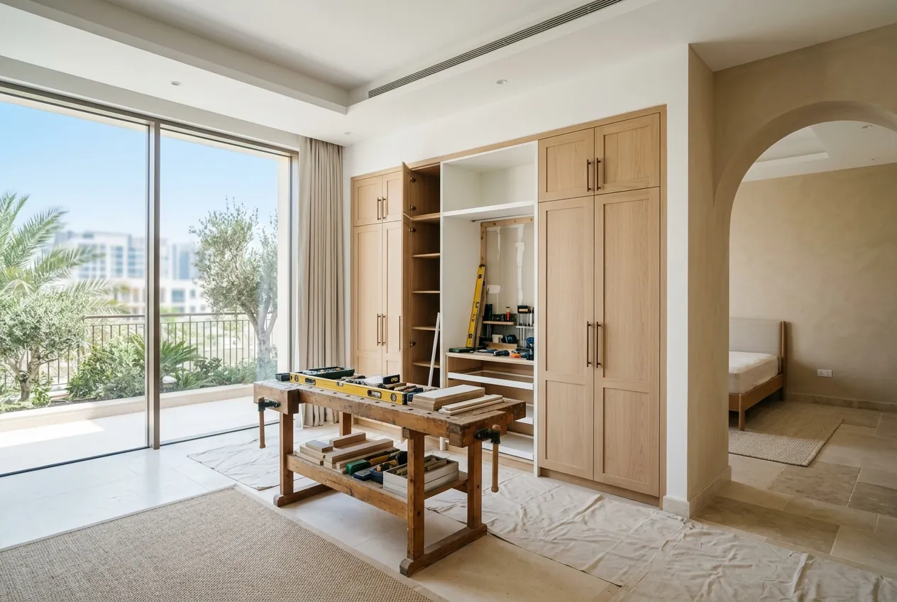 Carpentry workbench and partially installed wooden wardrobes in a bright room undergoing renovation