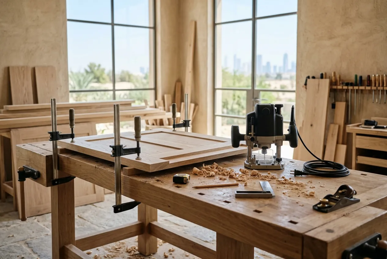A woodworking bench with an oak door panel clamped down beside an electric router and wood shavings