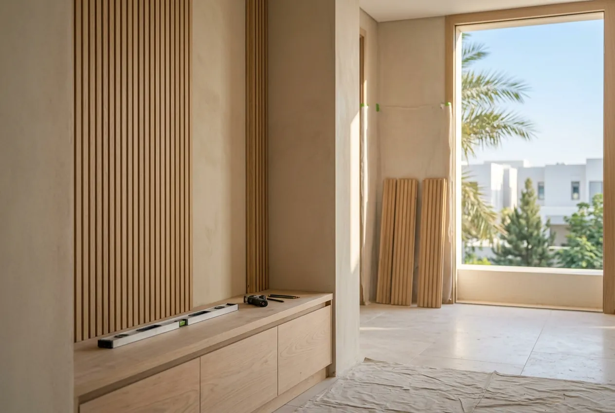 Fluted oak wall panelling and a built-in wooden bench during installation in a modern villa hallway