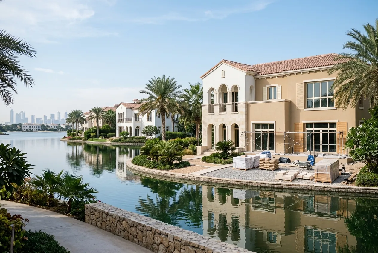 Mediterranean-style waterfront villas undergoing renovation along a calm canal with palm trees and distant skyline