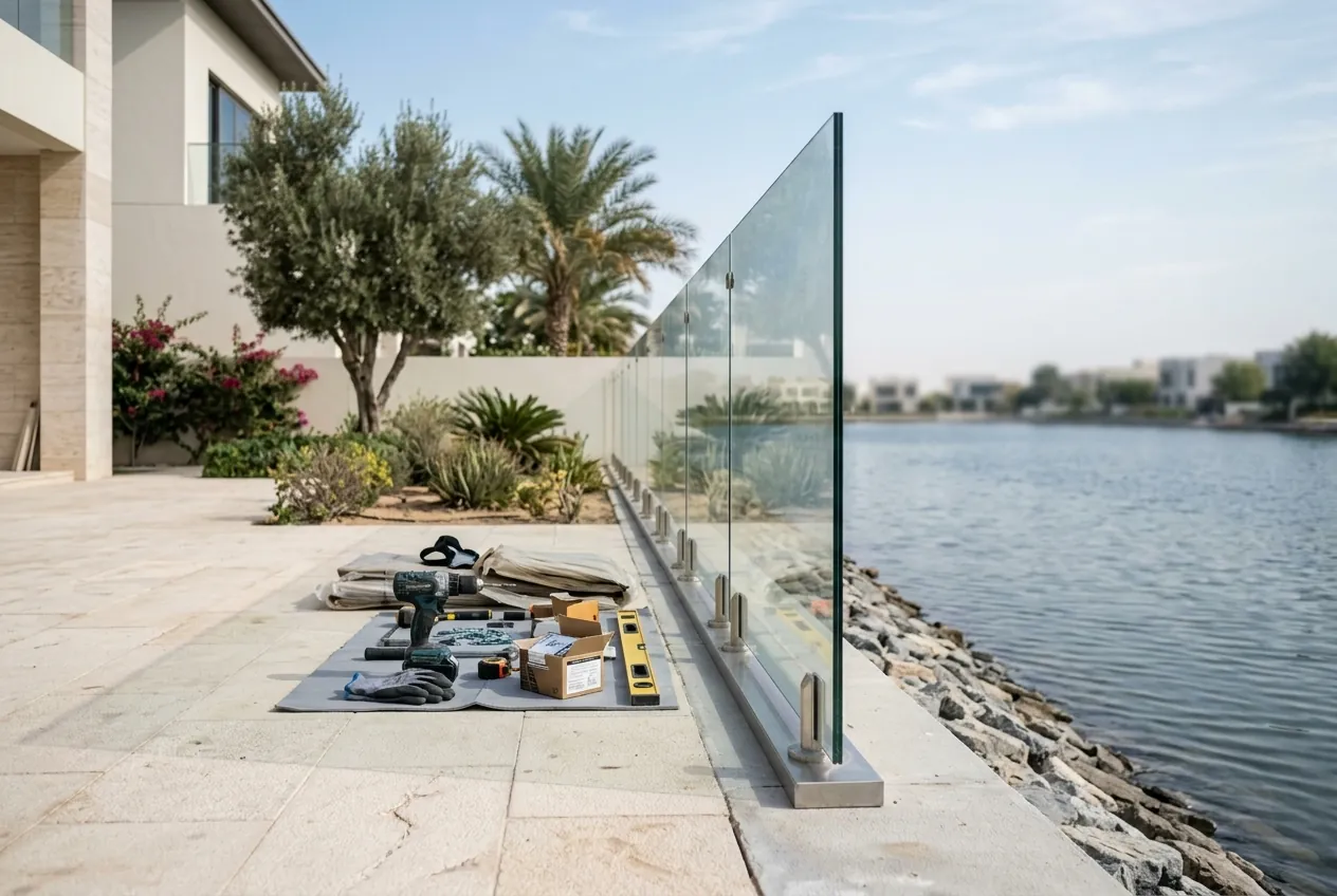 A modern glass balustrade installed along a waterfront patio, with tools laid out on the ground