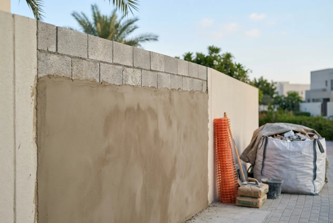 A concrete villa boundary wall undergoing plastering with fresh render, masonry tools, and a waste bag nearby