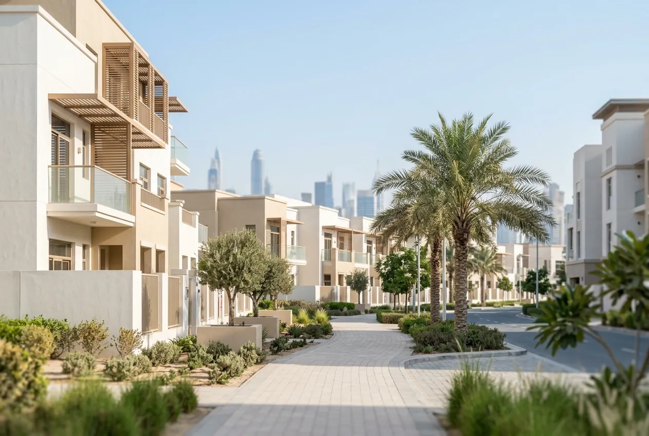 Modern residential townhouses along a paved pedestrian walkway lined with palm trees and a hazy skyline in the distance