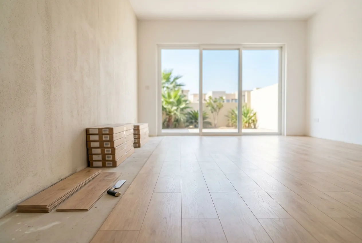 Light wood laminate flooring being laid in a bright room with stacks of planks by the wall