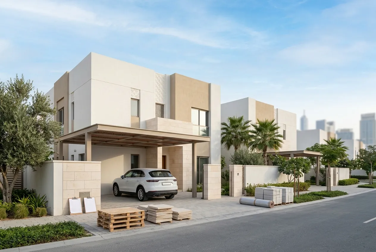 Contemporary modern villas along a suburban street with shaded carports and paving materials outside