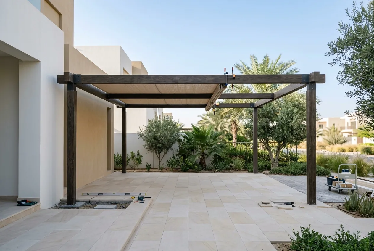 A dark wooden pergola structure being installed over freshly laid stone paving in a sunny villa garden