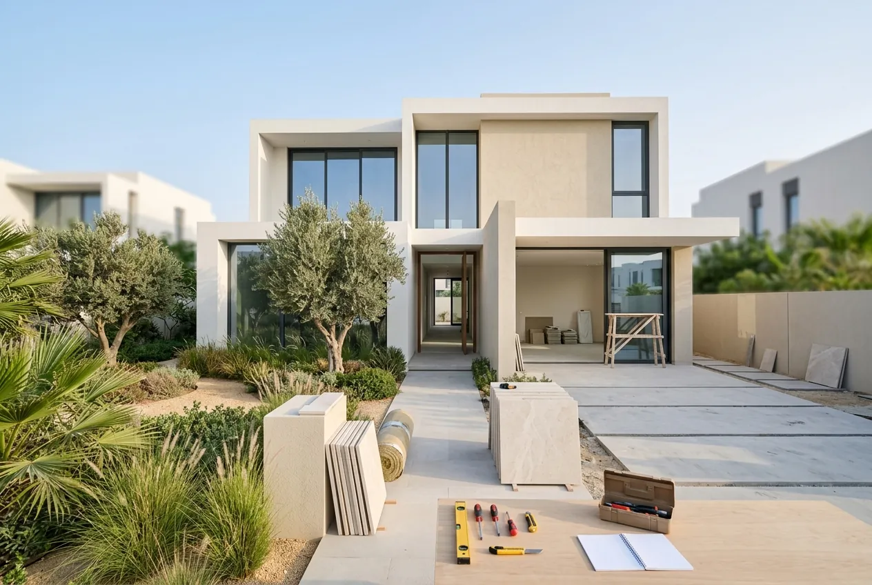 Modern two-storey villa undergoing exterior renovation with landscaping and construction materials in Dubai
