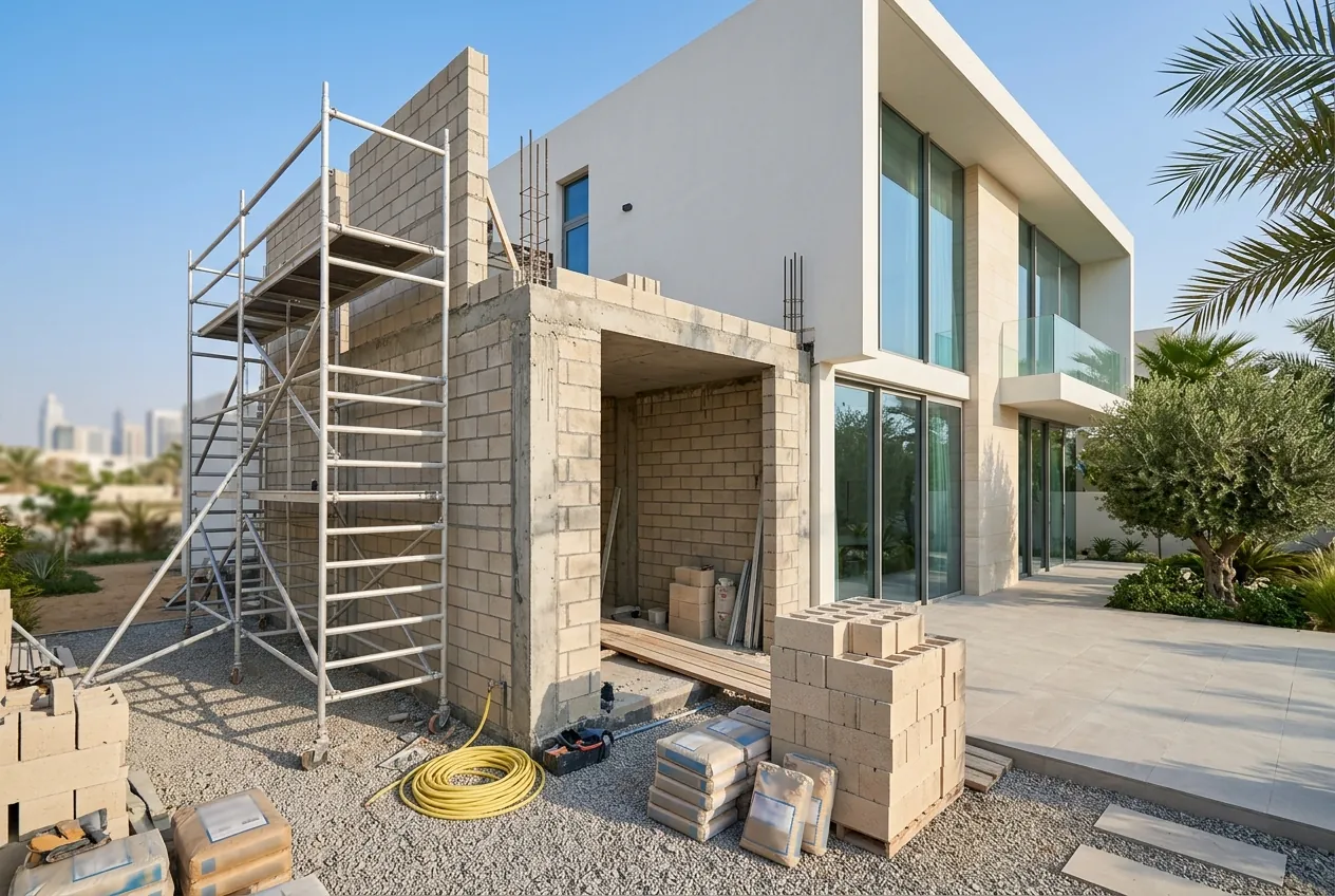 A modern villa extension under construction with blockwork, scaffolding, and building supplies in a gravel yard