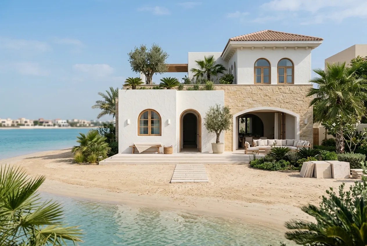 Mediterranean beachfront villa with arched windows, stone facade, and outdoor seating on a sandy shore