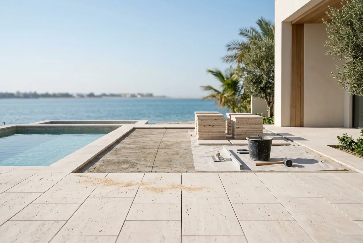 Travertine pool deck under installation on a modern villa terrace overlooking the ocean