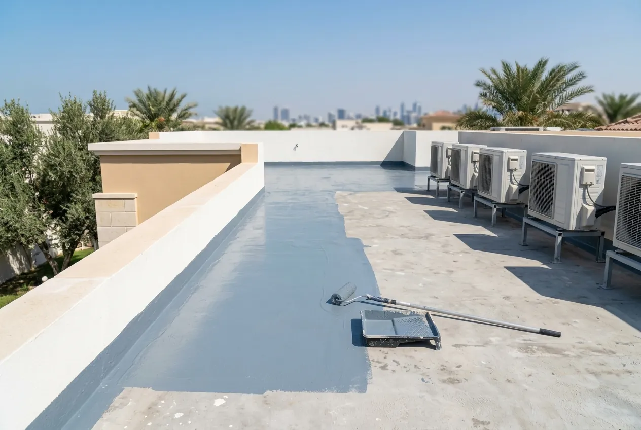 A flat rooftop undergoing waterproofing coating with a paint roller, tray, and exterior AC units