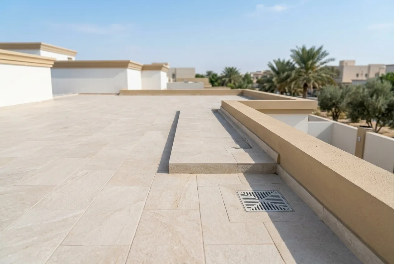 A tiled villa rooftop terrace with a square drain grate and low parapet walls under a clear sky