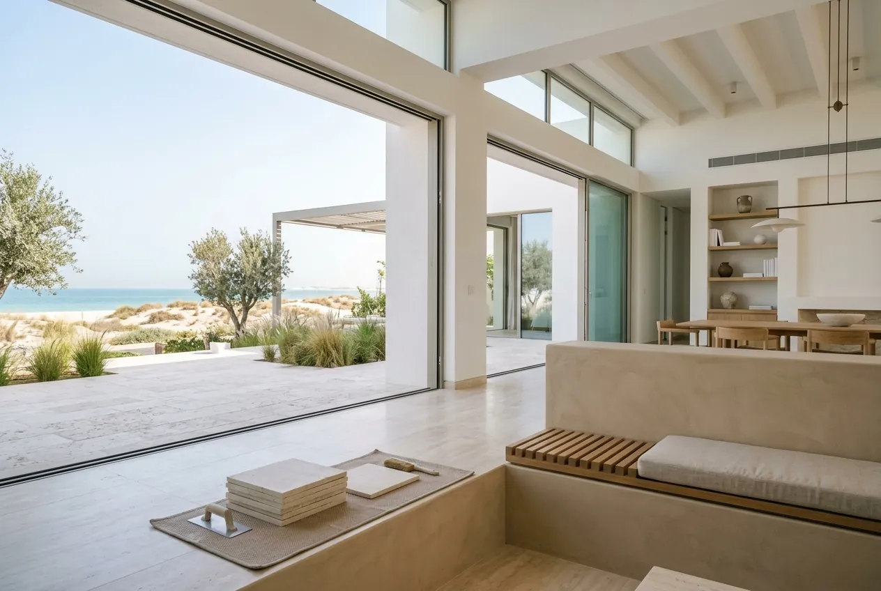 Modern villa interior with open glass sliding doors looking out toward coastal dunes and the ocean