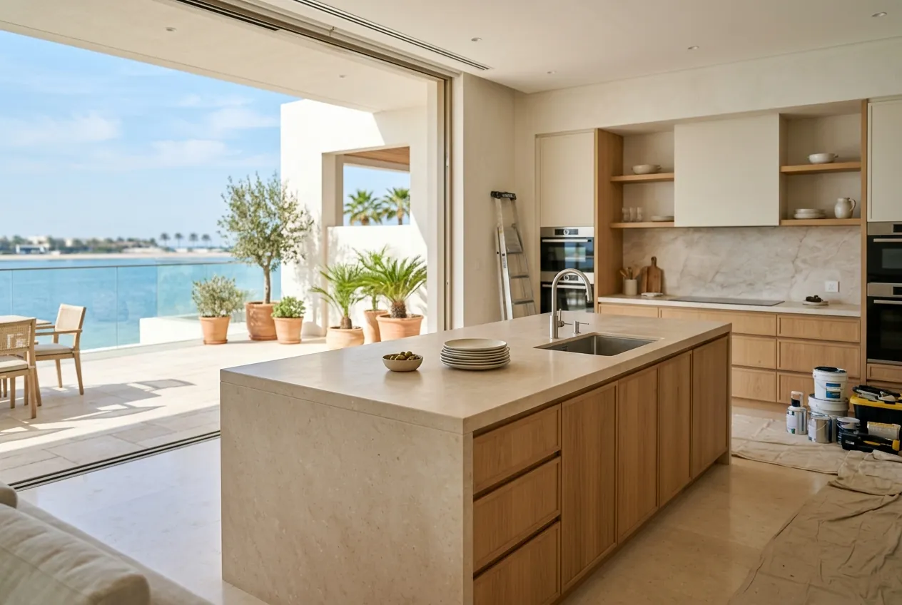 A modern open-plan kitchen with a stone island and wood cabinets, opening onto a sunlit sea-facing terrace