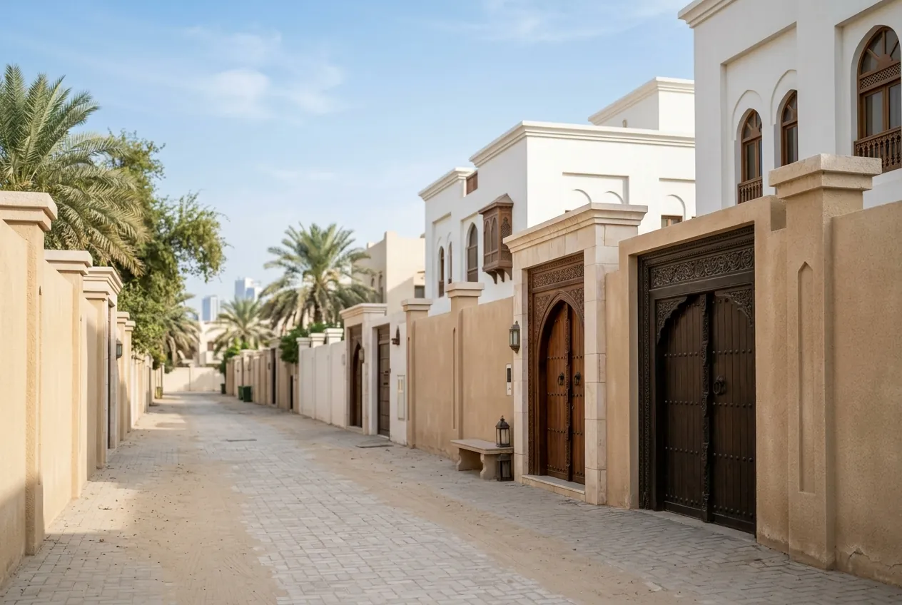 A quiet residential street lined with traditional villas, boundary walls, and ornate carved wooden doors