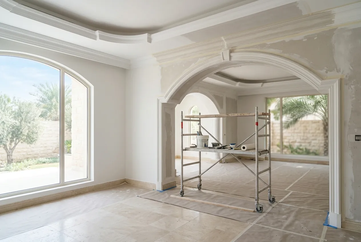 A spacious villa interior undergoing renovation with rolling scaffolding and protective floor coverings