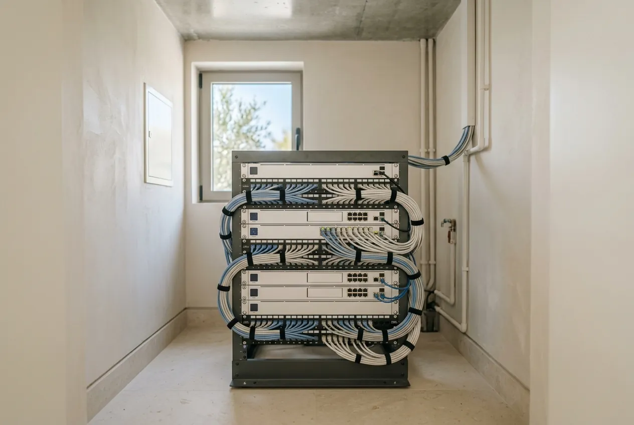 A network rack with neatly bundled cables and server switches installed in a small utility room with a window