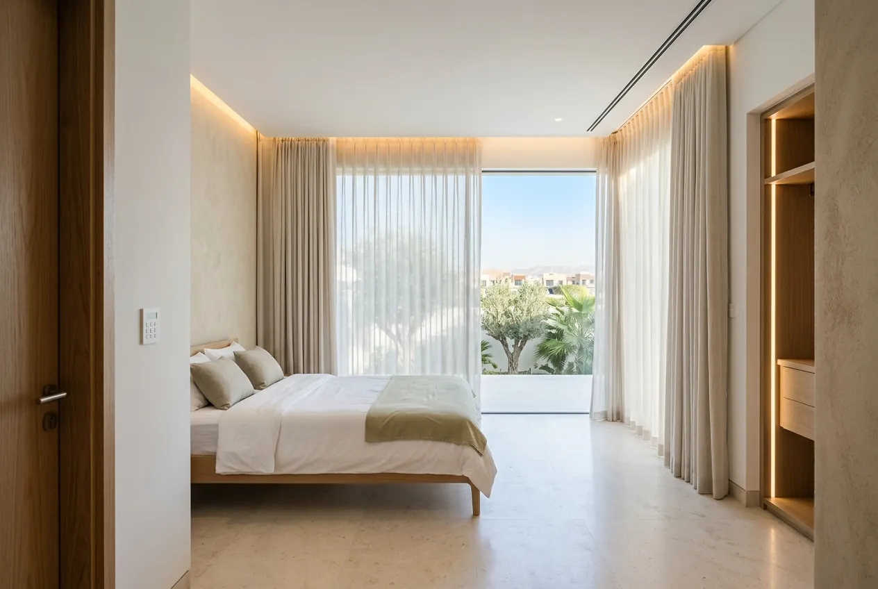 Modern villa bedroom featuring concealed ceiling lighting, floor-to-ceiling sheer curtains, and terrace views