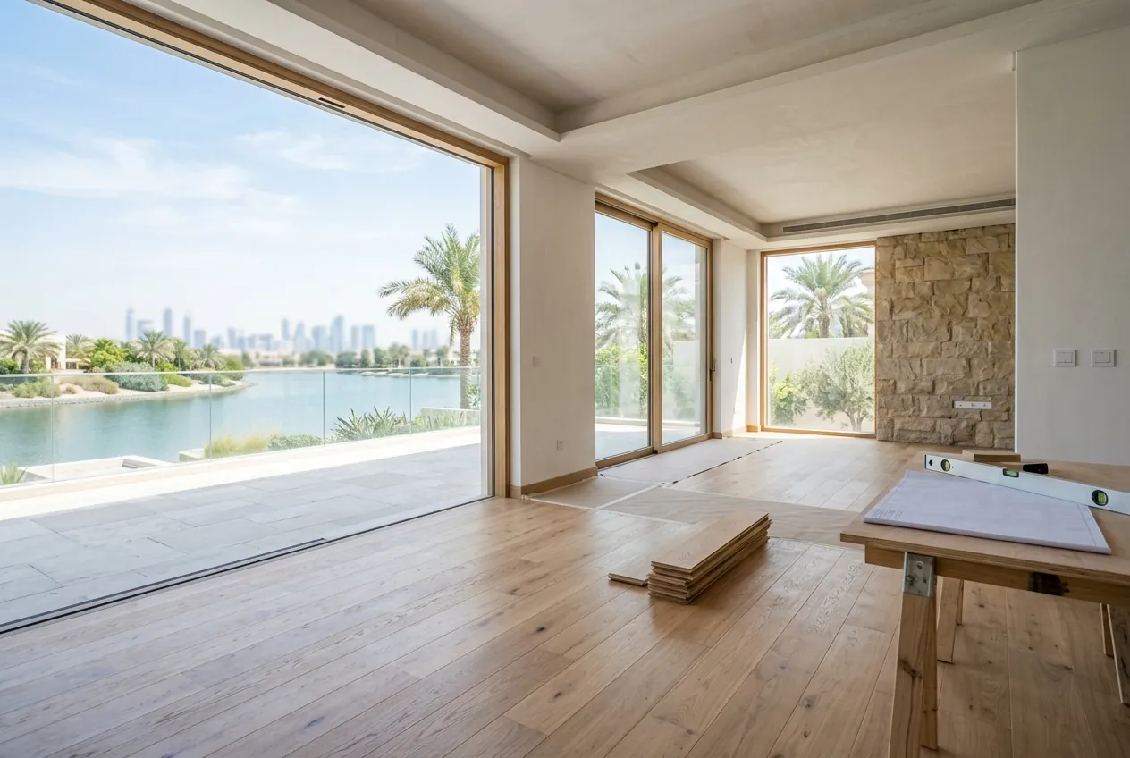 Renovated villa living room with new oak flooring and expansive sliding glass doors showing a lake view