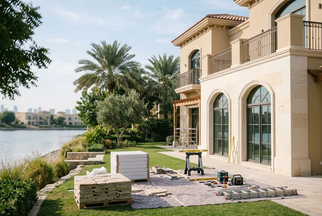 A Mediterranean villa backyard undergoing patio renovations alongside a tranquil lake