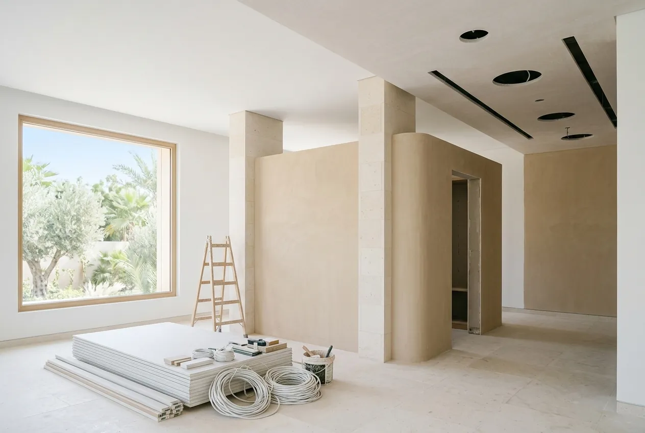 A bright room undergoing renovation with plaster partition walls, drywall materials on the floor, and ceiling cutouts
