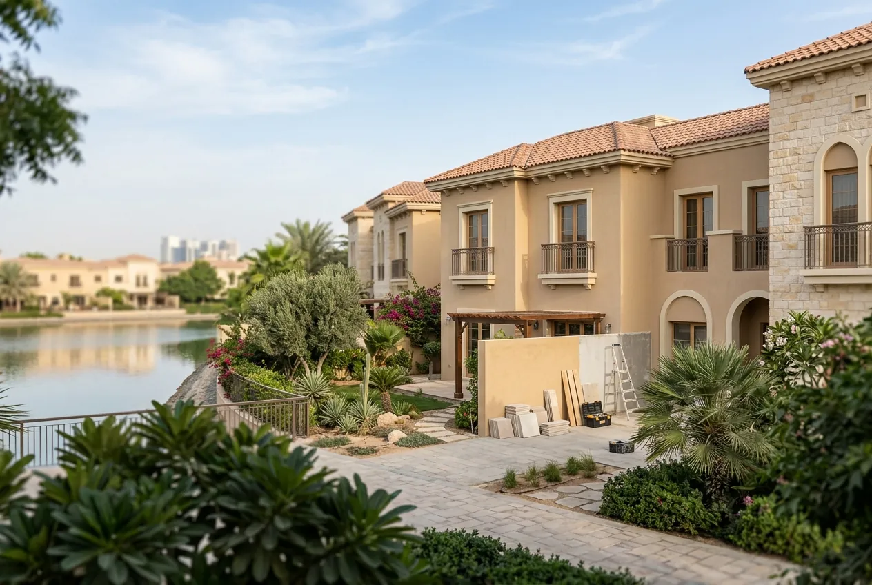 Terracotta-roofed townhouses with lakeside gardens and outdoor renovation materials under a clear sky