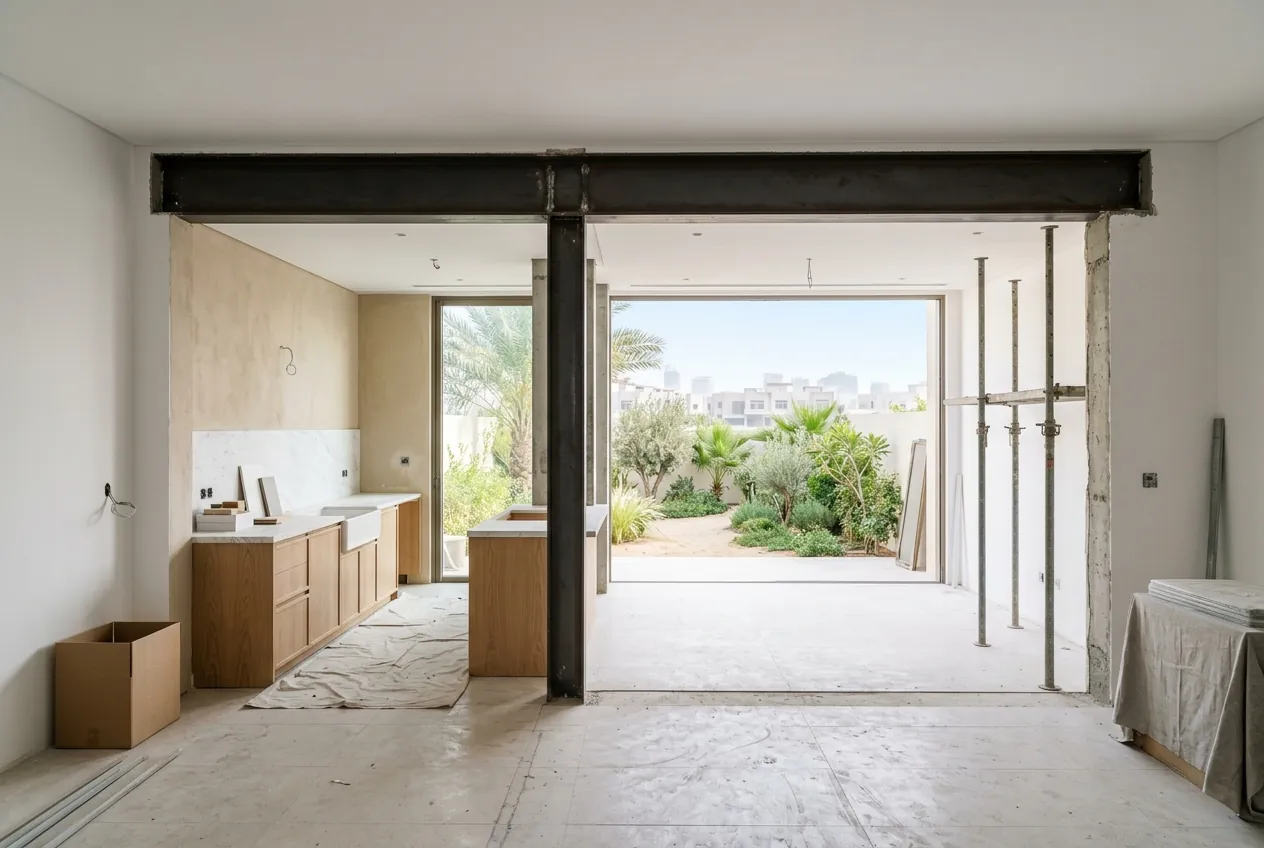 A ground-floor townhouse interior under renovation with an exposed steel beam and open view to a garden