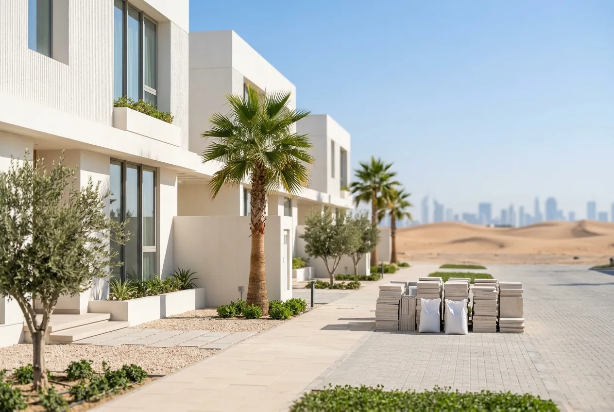 Modern white townhouses with palm trees along a paved street facing desert sand dunes and a distant city skyline