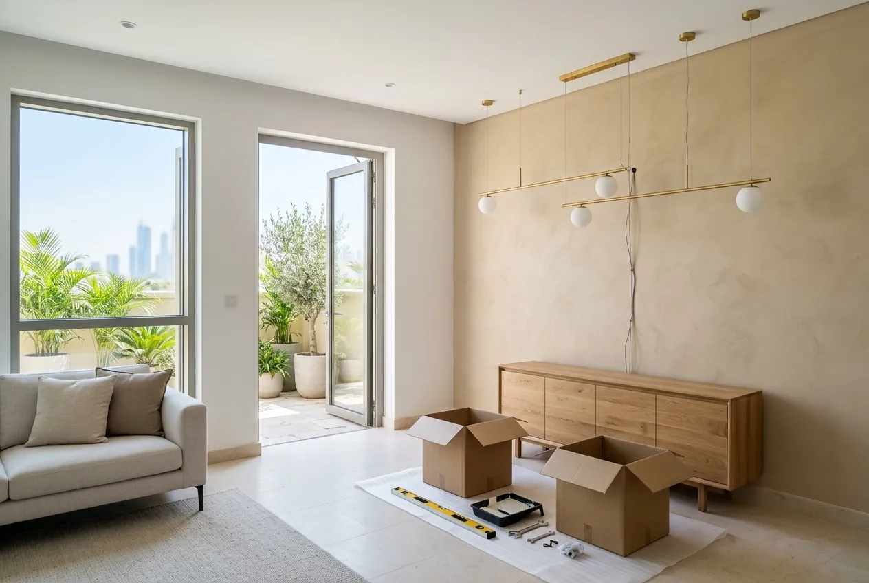 A living room with a beige feature wall, hanging pendant lighting, and installation tools beside cardboard boxes