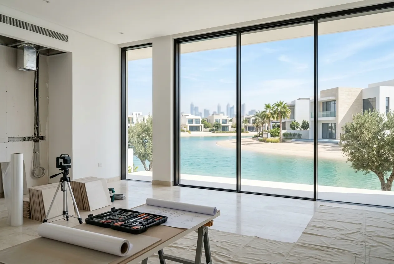 Interior villa under renovation with large windows overlooking a turquoise lagoon and modern waterfront homes