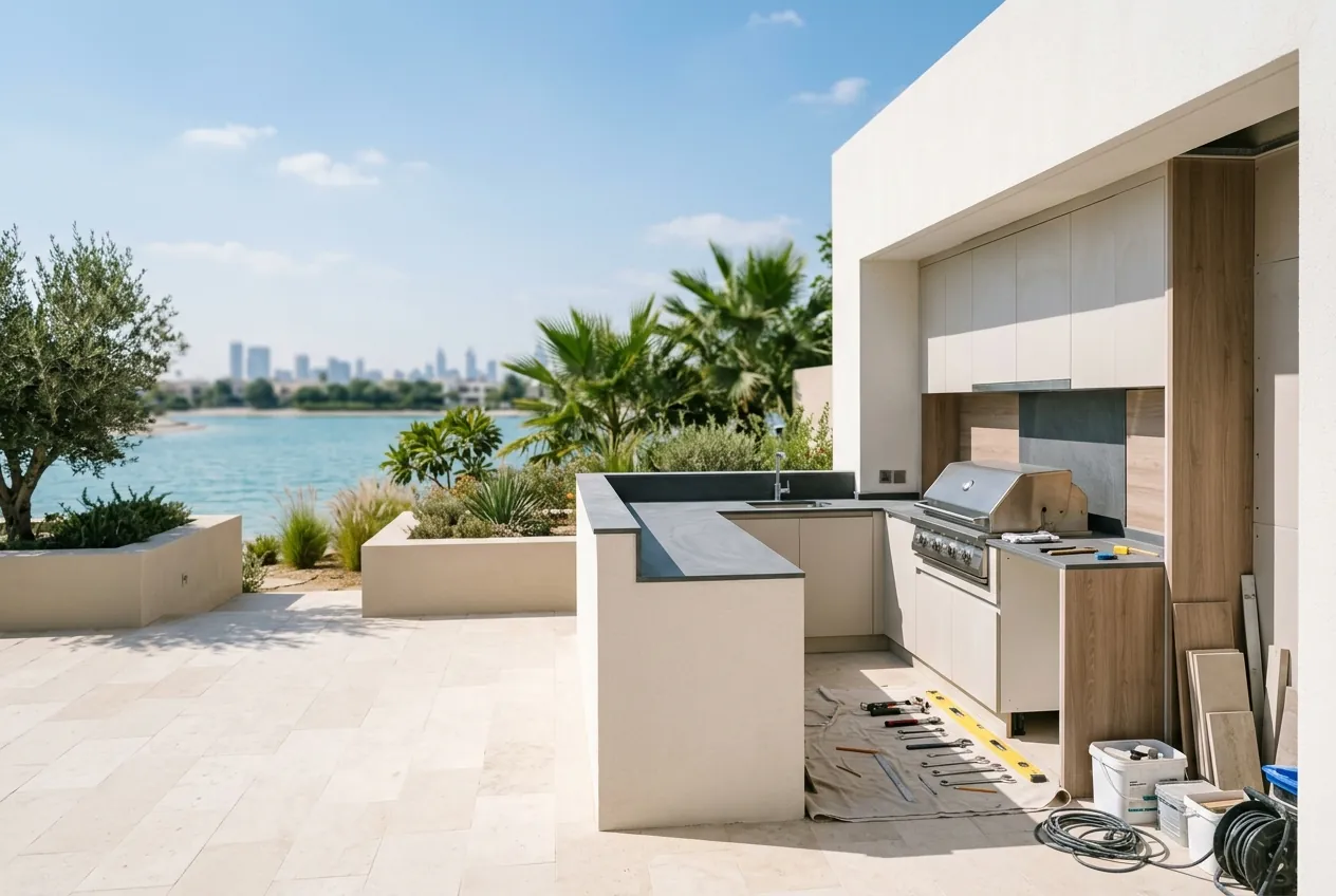 Outdoor kitchen installation on a sunny villa terrace overlooking a calm lagoon and distant city skyline