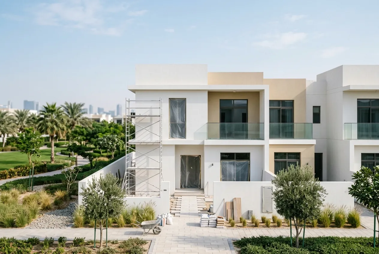 Contemporary townhouse undergoing renovation with scaffolding and building materials, facing a landscaped park