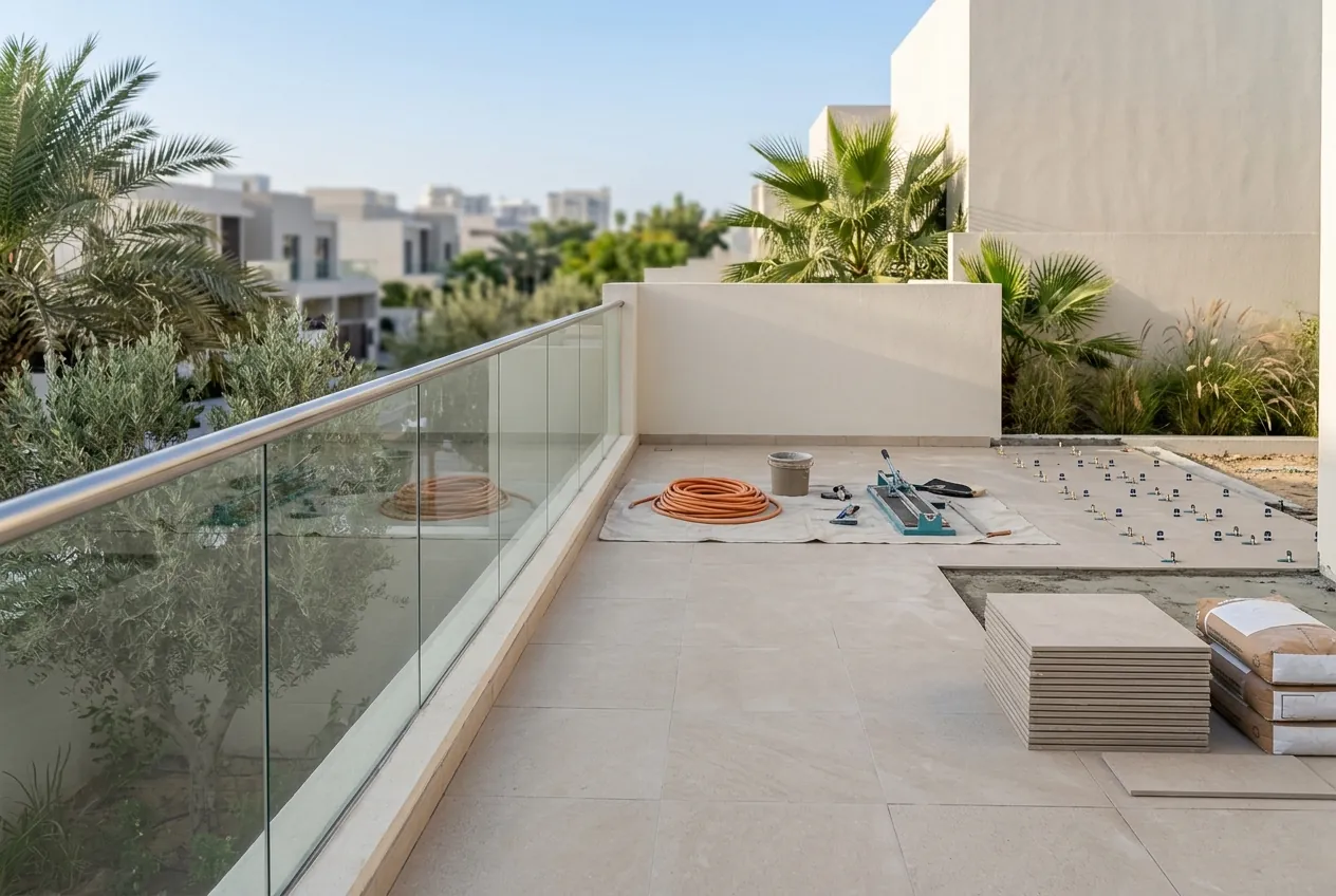 A modern townhouse terrace during paver installation with tools, stacked tiles, and a glass railing overlooking palms